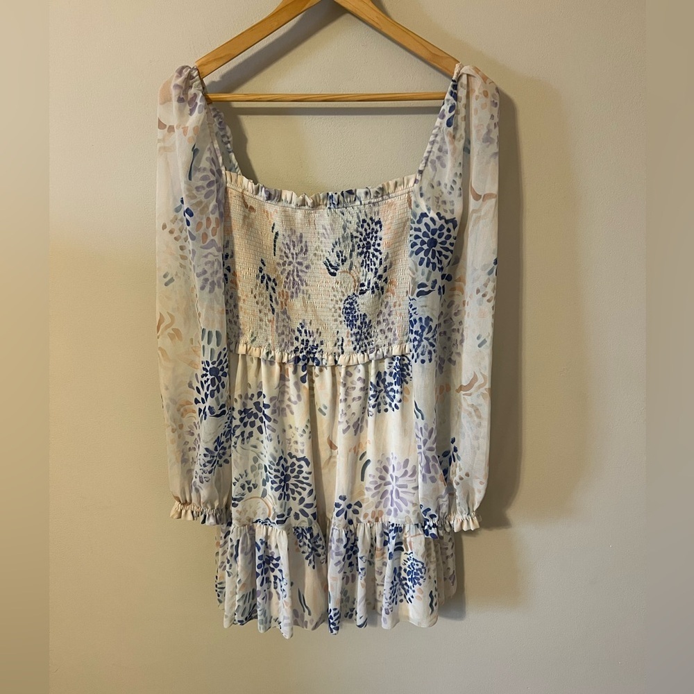 Aritzia Wilfred Tempest Blue Floral Chiffon Mini Dress Long Sheer Sleeve - Picture 2 of 10